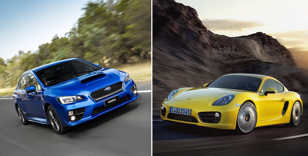 Subaru WRX STI azul y Porsche Cayman amarillo